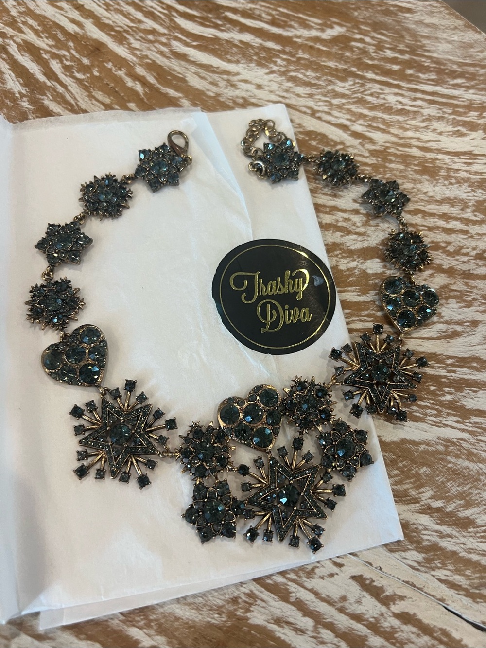 Trashy Diva Teal and Antique Gold Crystal Necklace